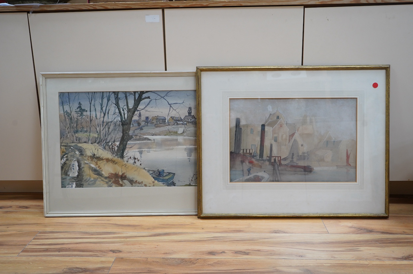 Robin Wallace (1897-1952), watercolour, ‘Dordrecht’ and one other by Jim Page, ‘Coldstream, Scotland’, each signed, 30 x 45cm. Condition - fair